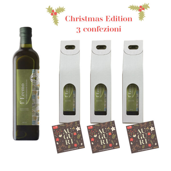 tre confezioni bottiglia olio evo